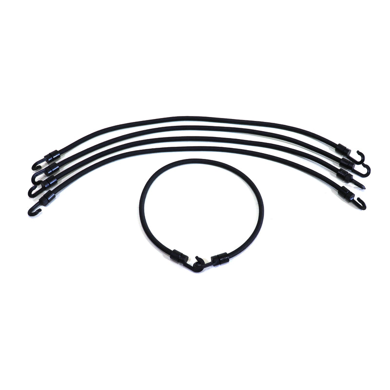 A pack of five black curtain ties laid out on a white background.