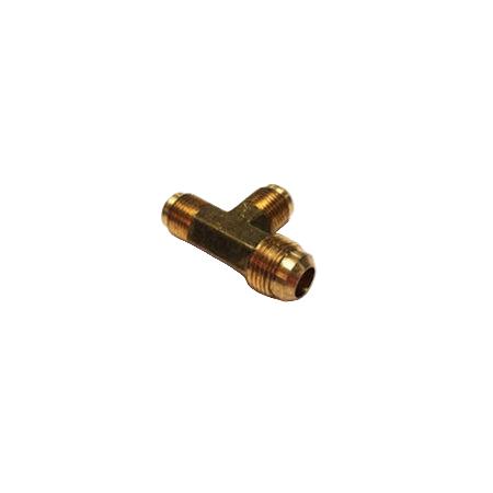 A brass tee with 1/2 male flare at each end, isolated on a white background.