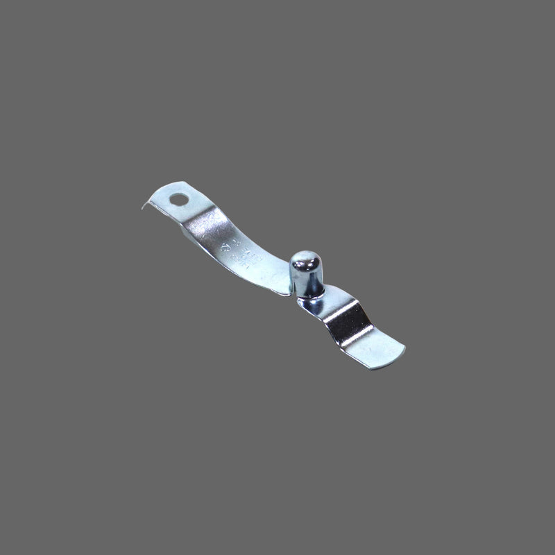 A silver metal screen door bracket spring with a visible pin.