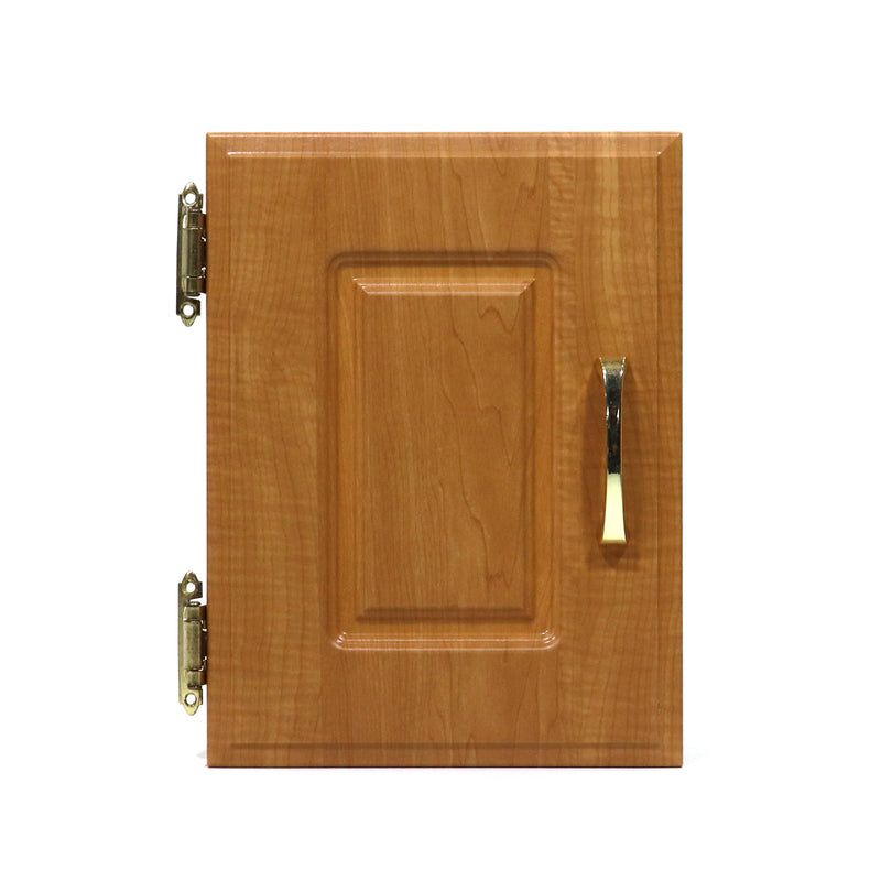 A wooden cabinet door with a visible handle and hinges.