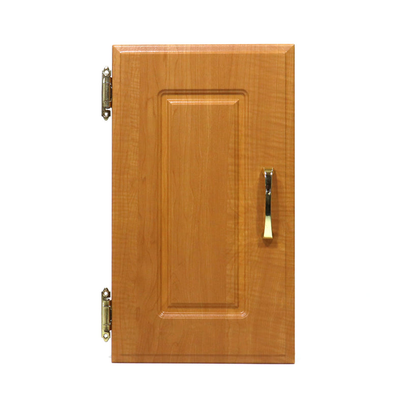 A brown wooden cabinet door with a metal handle and a metal accent.