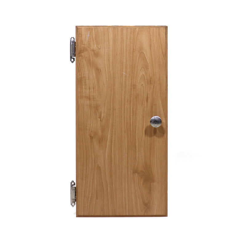 A wooden cabinet door with a metal hinge on the left side and a doorknob on the right side.