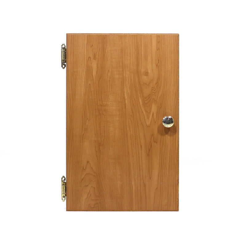 A wooden cabinet door with a metal knob and hinges, isolated on a white background.