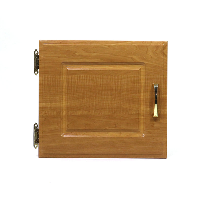 A wooden cabinet door with a visible grain pattern, metal hinges on the side, and a vertical metal handle.