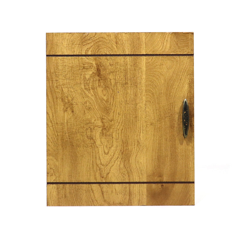 A used wooden cabinet door with visible grain patterns and a metal handle on the right side.