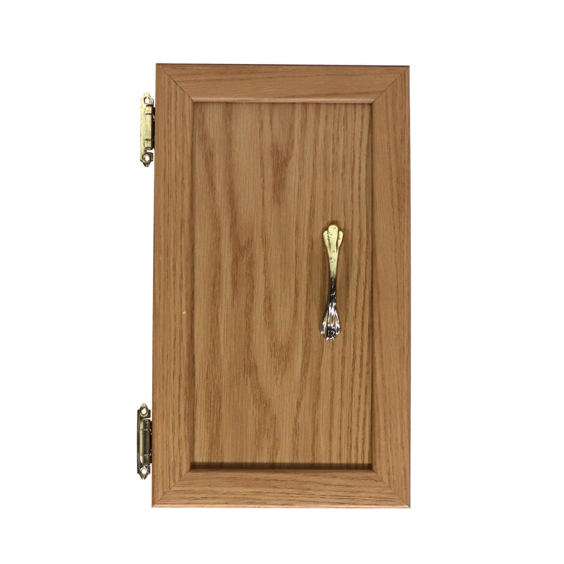 Cabinet door featuring a wood finish, a metal handle, and a metal bar pull.