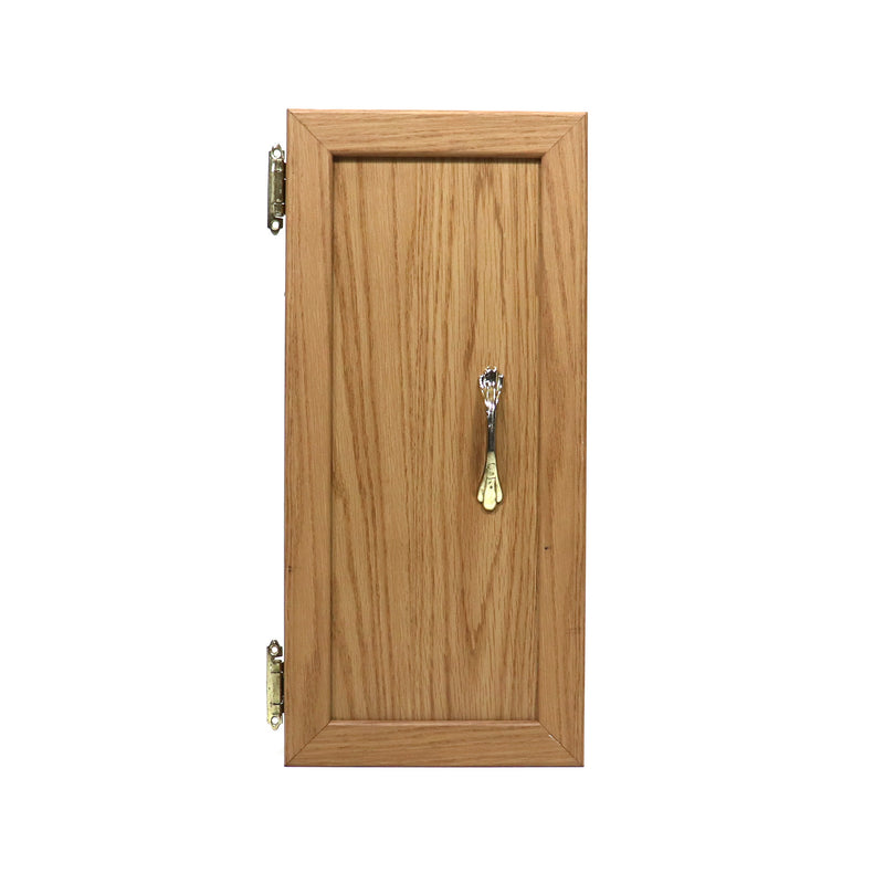 Cabinet door with a natural wood finish, featuring a metal hinge mechanism, partially open to show the interior.