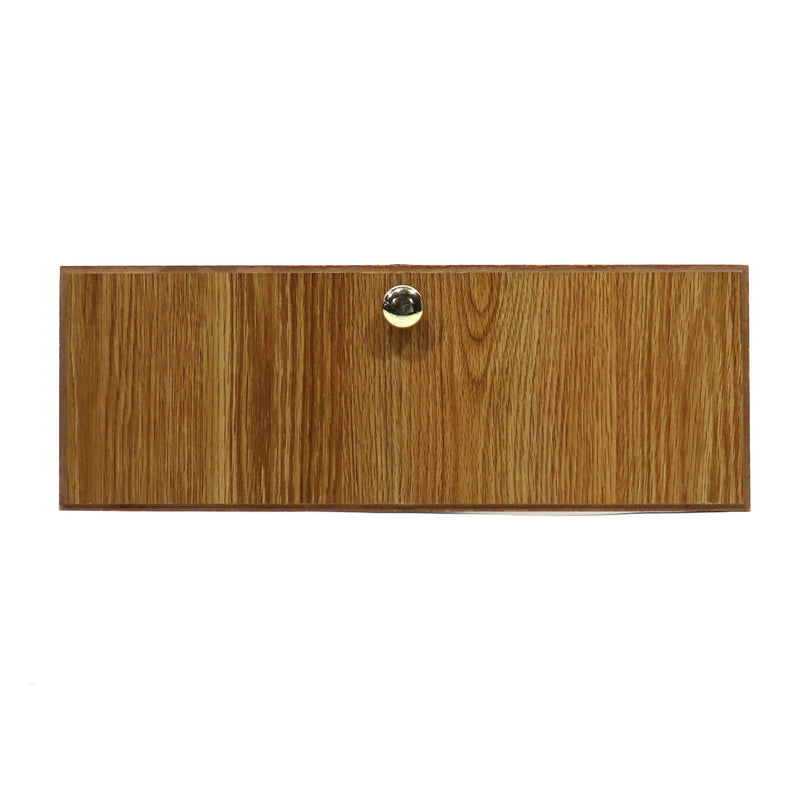 A brown wooden cabinet door with a metal knob.