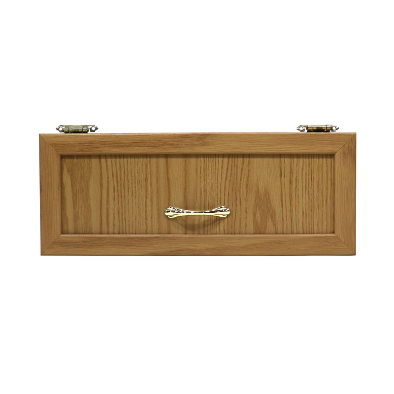 A brown wooden cabinet door with a metal handle and a metal bar pull.