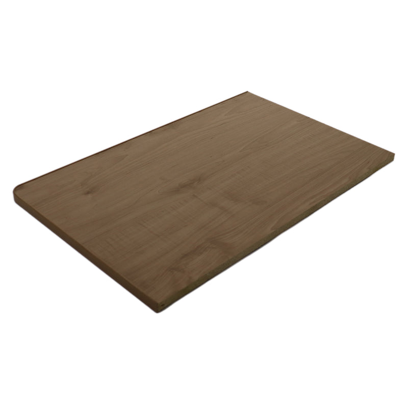 A rectangular brown wooden dinette seat bench end.