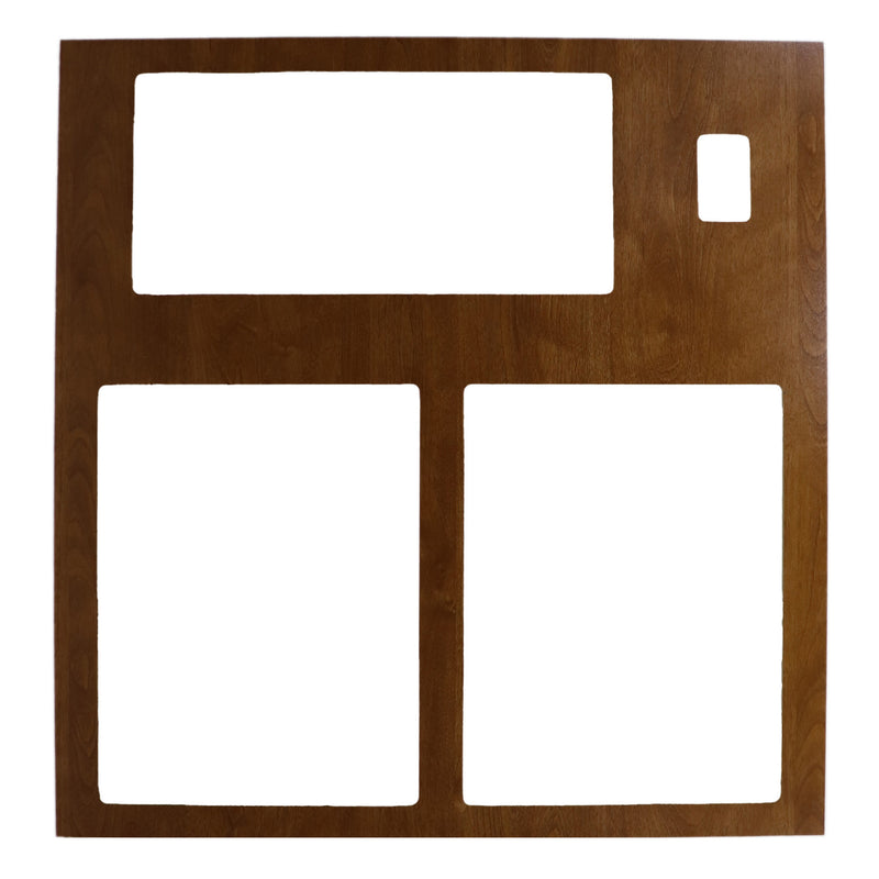 A brown wooden kitchen cabinet front panel, divided into two square sections with a visible grain pattern.