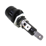A black 12 volt inline fuse with metal terminals and a white adjustment knob.