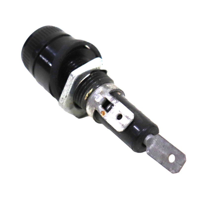 A black 12 volt inline fuse with metal terminals and a white adjustment knob.