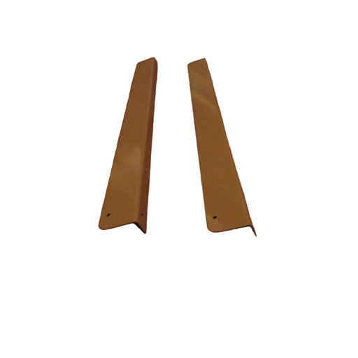 Two long brown metal blade-like parts with bent ends, shown upright on a plain white background.