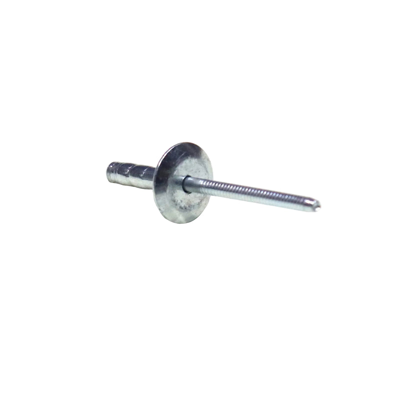 A silver pop rivet used for attaching a swing arm to a stepper door.
