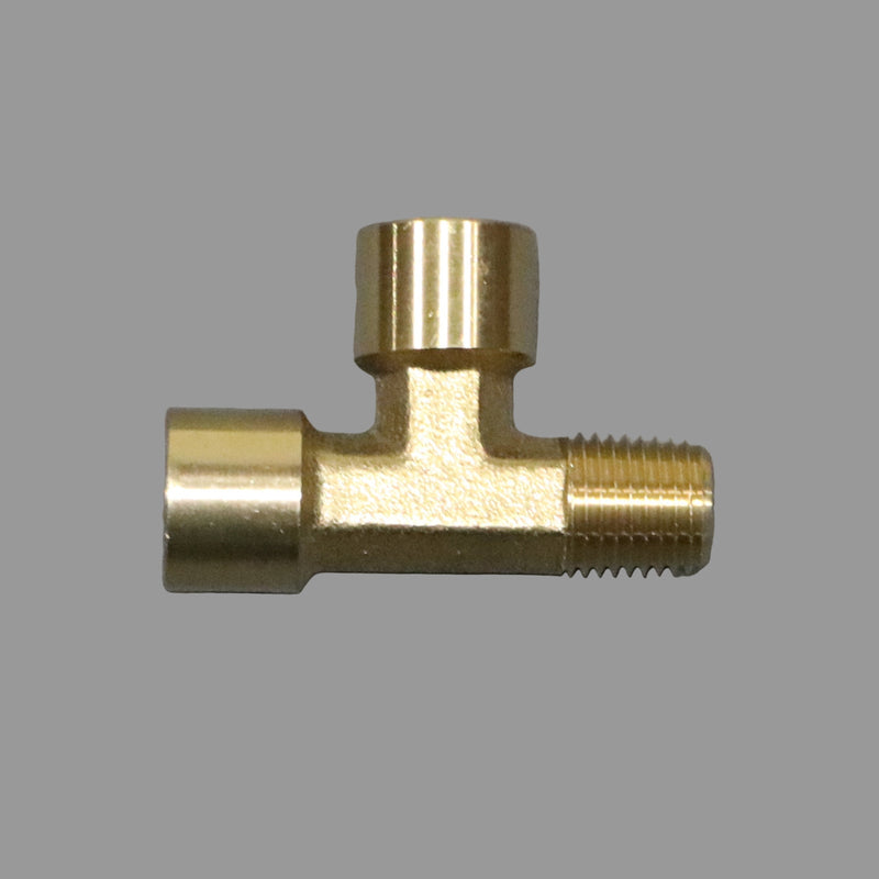 A gold-colored metal high pressure tee for LP piping typically found on campers.