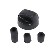 A black stove knob set including a large knob and three different-sized sleeves for installation.