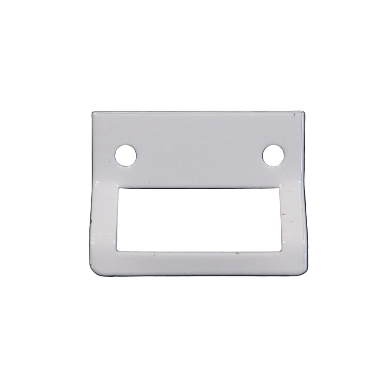 A white metal latch catch designed for securing a pop up roof on a recreational vehicle.