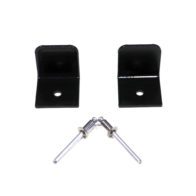 Two black metal angle brackets with installation rivets placed in front of them on a white background.
