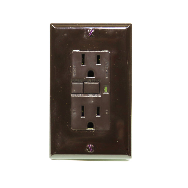 A brown 15 Amp GFI electrical outlet with a reset button, LED light indication, and screws for mounting on a wall.