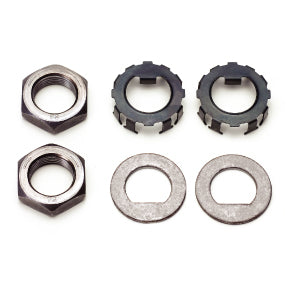 An assortment of metal washers, lock rings, and spindle nuts, typically used as part of a retainer package for vehicle brakes.