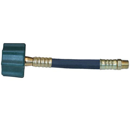 A black propane hose with a female Type 1 QCC acme nut on one end and a 1/4 inch inverted male pipe thread on the other.