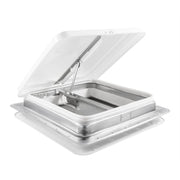 A white vent designed for pop up campers, featuring a hand crank mechanism and a clear glass-like lid.