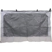 Large gray canvas window for a pop up camper with visible staples and attachment straps