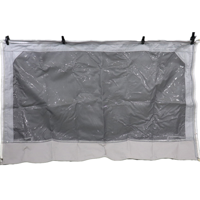 Large gray canvas window for a pop up camper with visible staples and attachment straps
