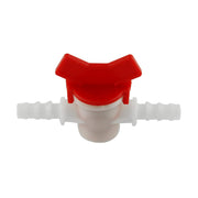 A red plastic drain valve with a 3/8 barbed connection typically used in water lines for drainage purposes.