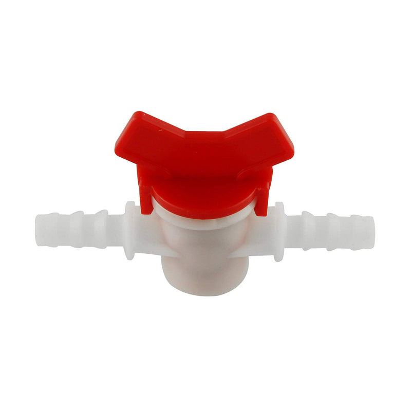 A red plastic drain valve with a 3/8 barbed connection typically used in water lines for drainage purposes.