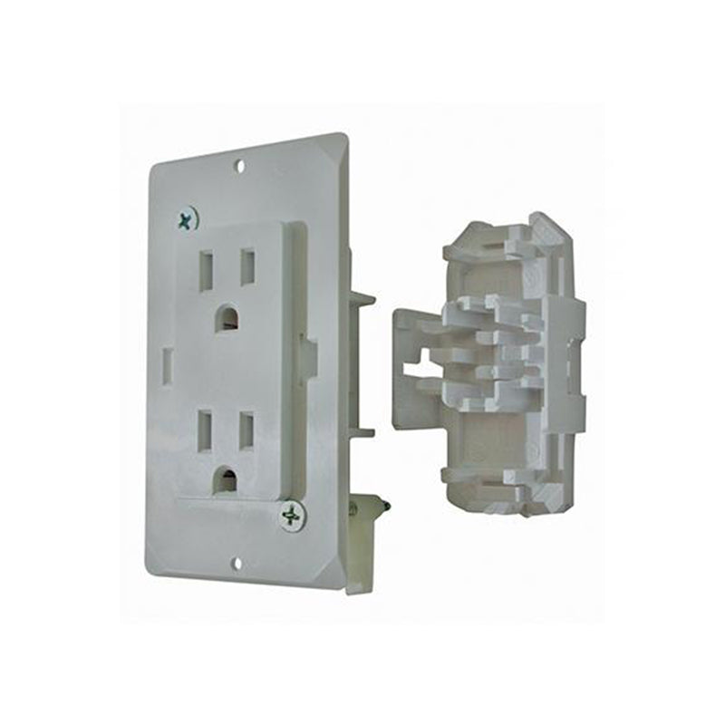 A white 15 amp power outlet with its backing and faceplate cover, isolated on a white background.