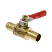 A brass ball valve with a red handle and barbed hose connections on both sides.
