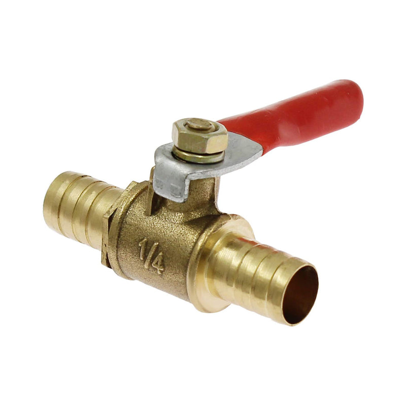A brass ball valve with a red handle and barbed hose connections on both sides.