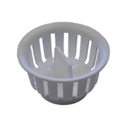 A white plastic sink strainer crumb basket.