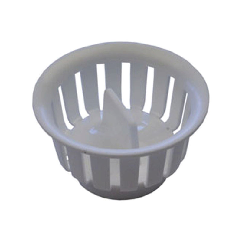 A white plastic sink strainer crumb basket.