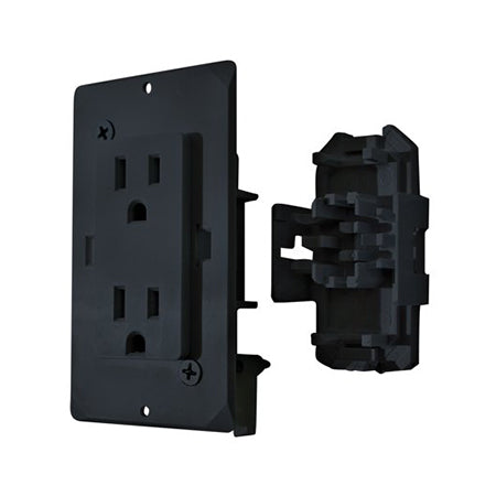 A black 15 amp electrical outlet with a part separated from the main unit, displayed against a white background.