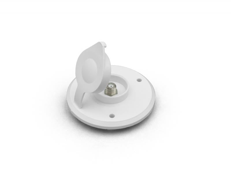 A white cable TV plate with a rubber dust cover and visible installation screws.