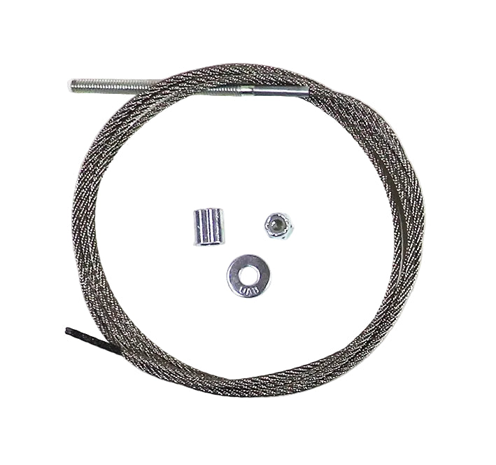 metal cable with associated installation hardware displayed against a white background.