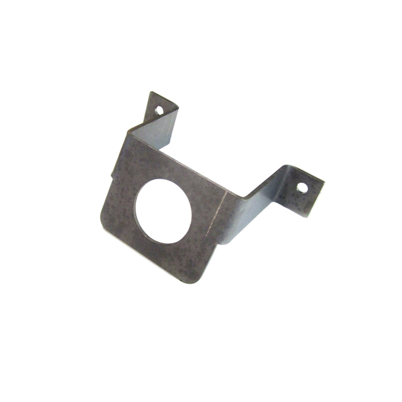 A metal tent pole support bracket with a mounting hole and two attachment points.