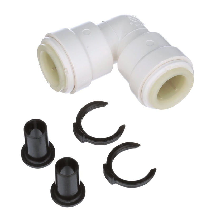 A white plastic elbow pipe fitting accompanied by black O-rings and clips.