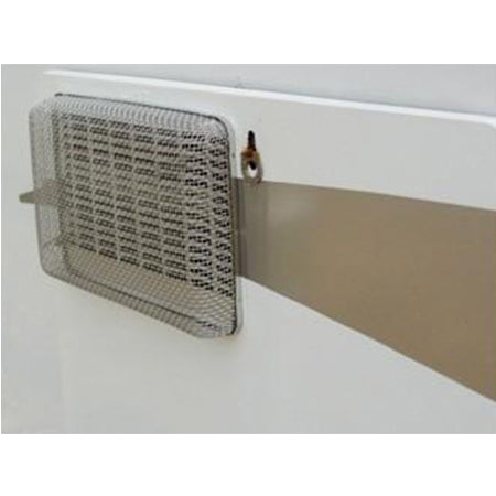 camper water heater bug screen shown installed on a camper