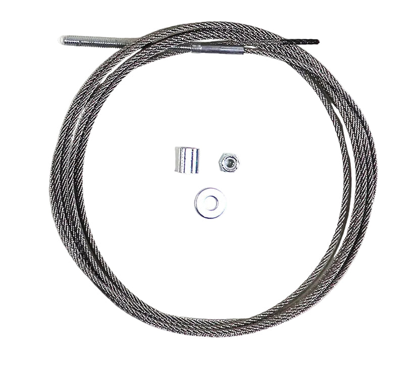 metal cable with associated installation hardware displayed against a white background.