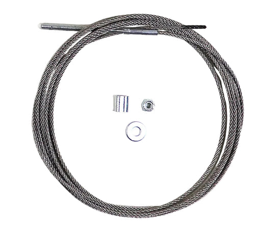 metal cable with associated installation hardware displayed against a white background.