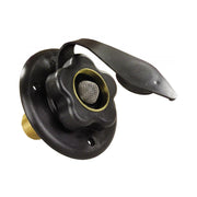 A black water fill valve with a brass fitting, designed for attaching a water hose to a camper.