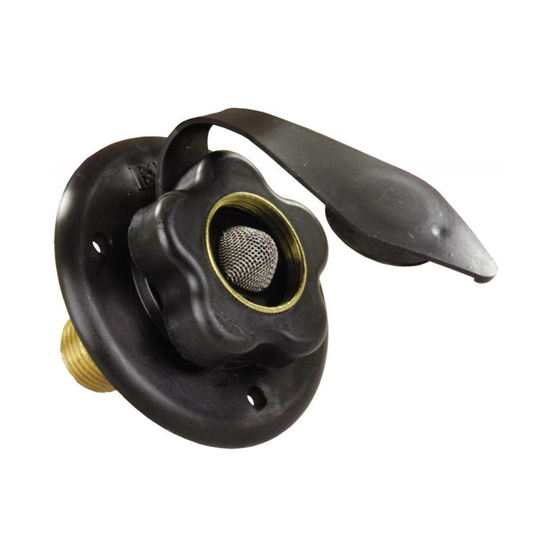 A black water fill valve with a brass fitting, designed for attaching a water hose to a camper.
