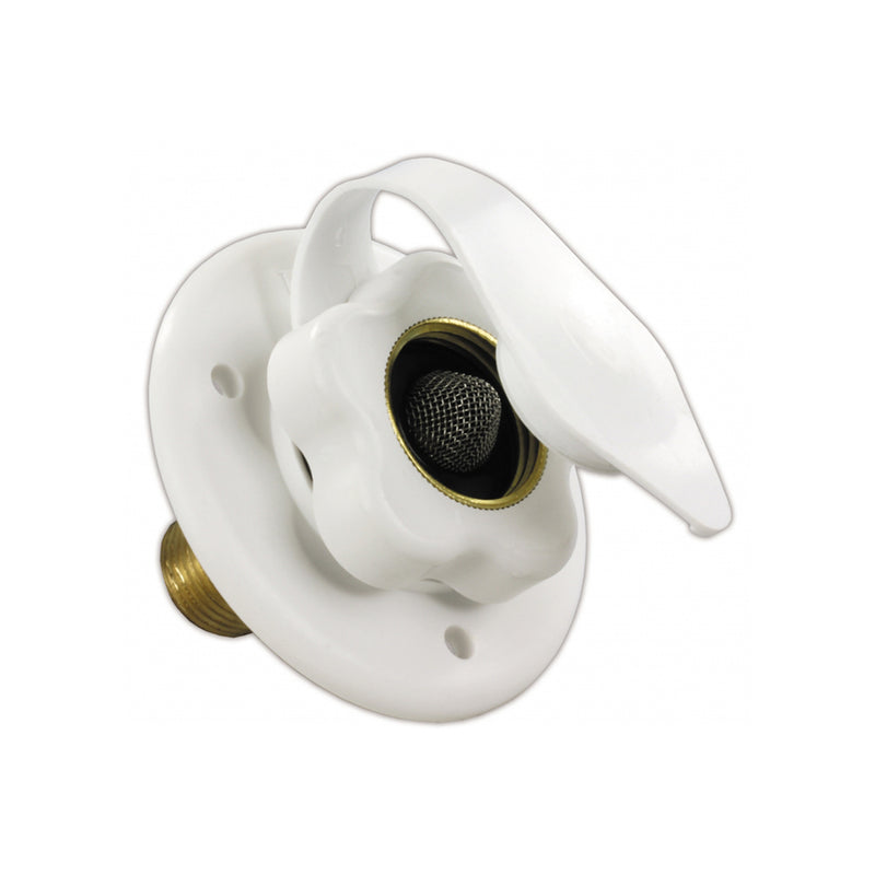 A white water fill valve with a brass fitting, designed for attaching a water hose to a camper.