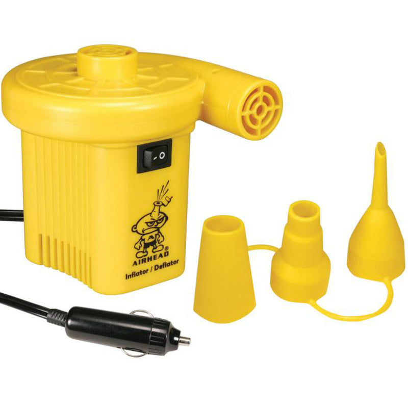 A portable yellow air pump with a cigarette lighter plug and universal valve fittings, designed for inflating and deflating various items.