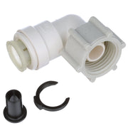 A white AquaLock female swivel elbow plumbing fitting with a push lock to connect to pipe.
