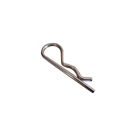 A single silver-colored metal cotter pin against a white background.